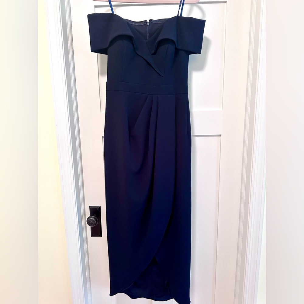 Xscape Navy off the shoulder, wrap waist gown.